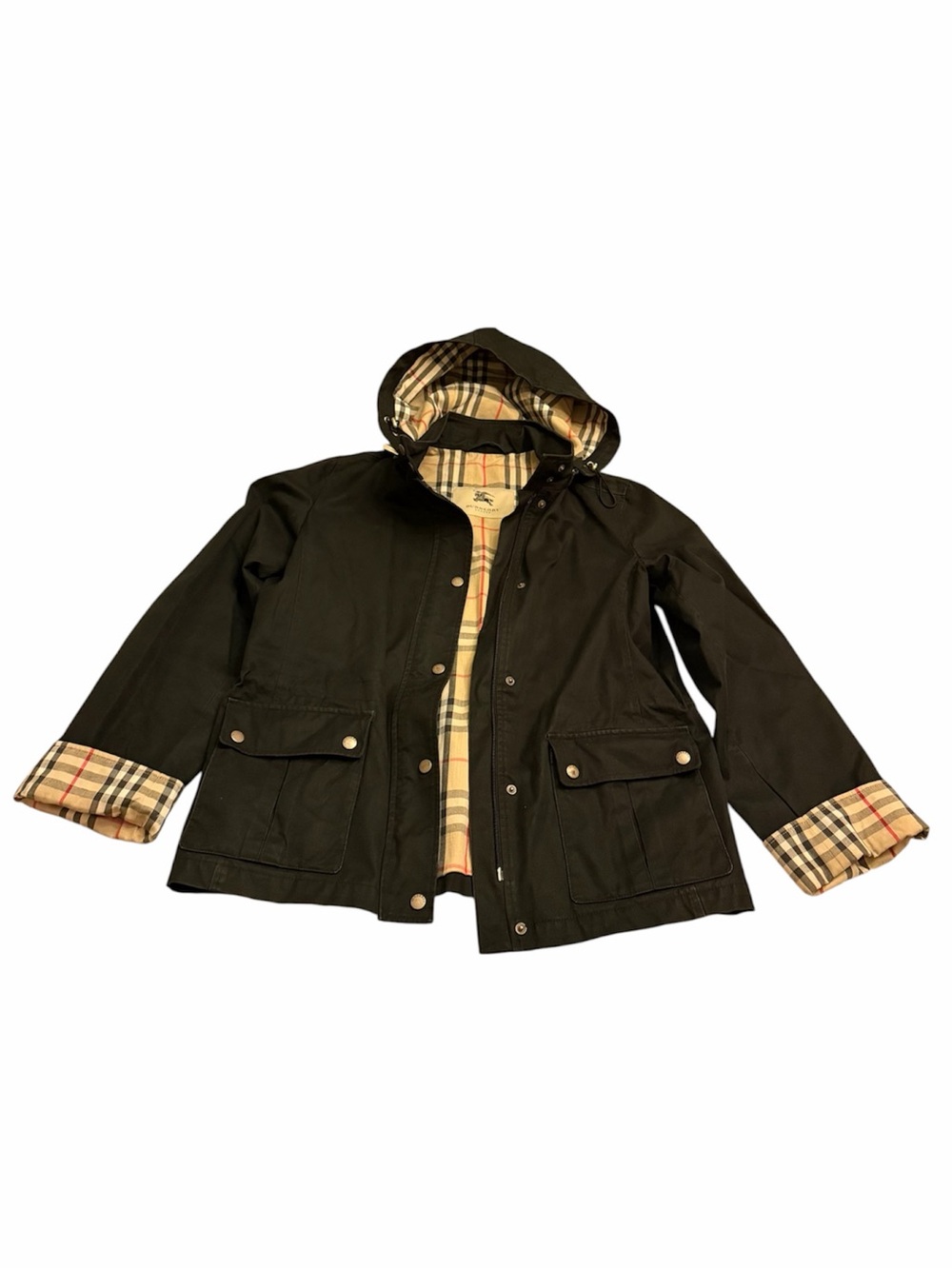Burberry Black Womens Hooded Lara short Trench Nova Check Lining size medium